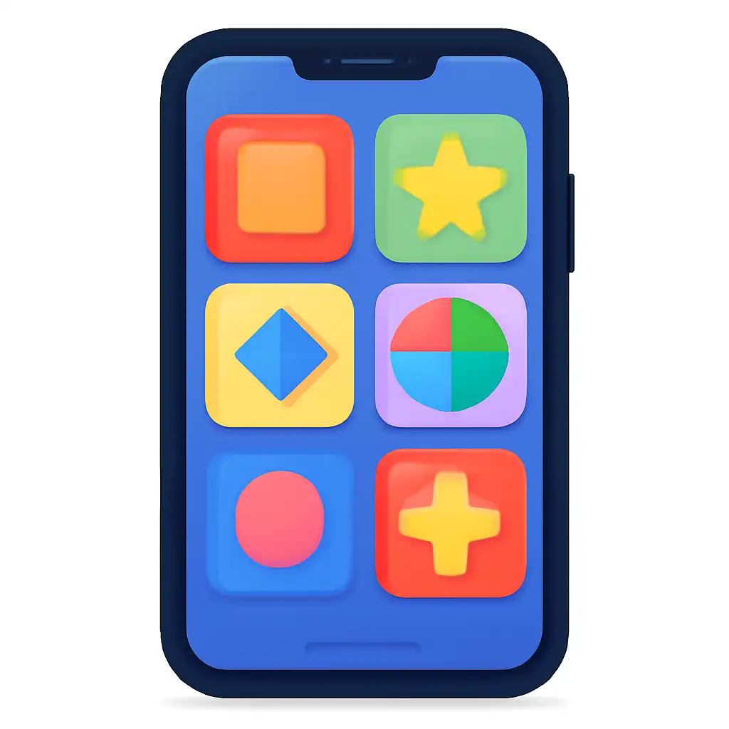 Smartphone shown from the front displaying a colourful flat layout of abstract game icons and rounded tiles (no text, no letters, no labels), Sikkim Game