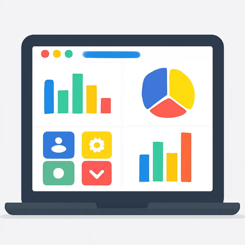 Laptop shown from the front displaying a colourful flat dashboard of abstract charts, bars and icon tiles (no text, no letters, no labels), Sikkim Game