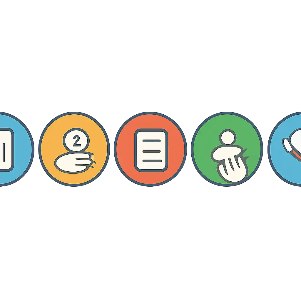 Five numbered circular icons connected by arrows in a horizontal flow, flat illustration, icons only, no words, Sikkim Game steps