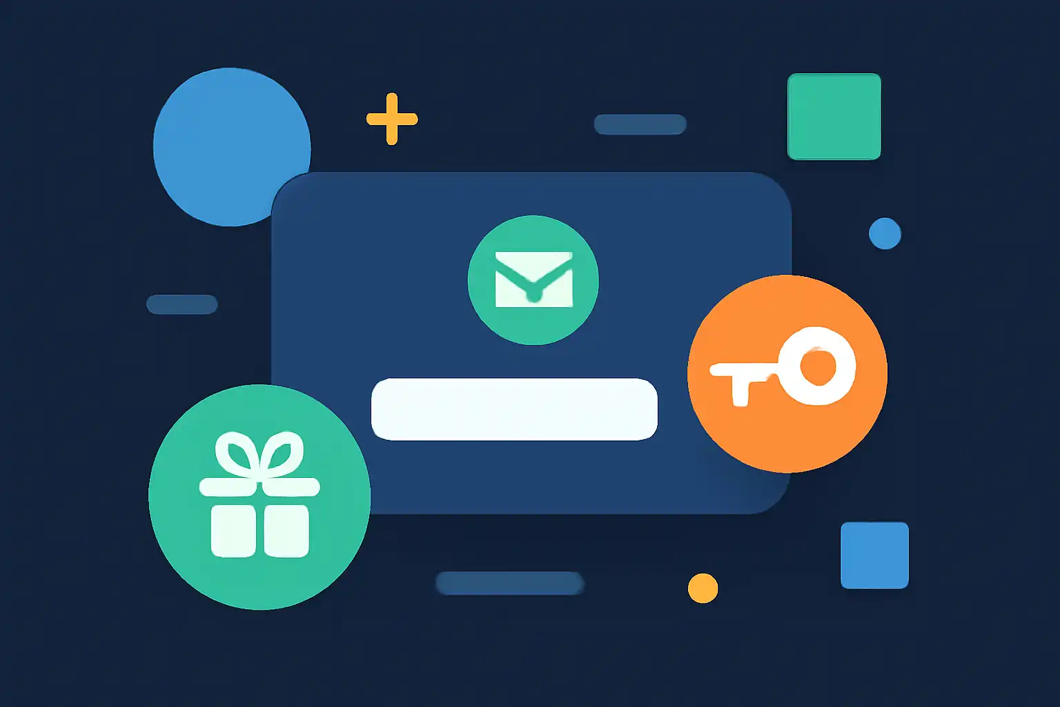 Hero illustration: Invitationcode, modern flat design, dark background, brand-neutral, icons and shapes only, no text