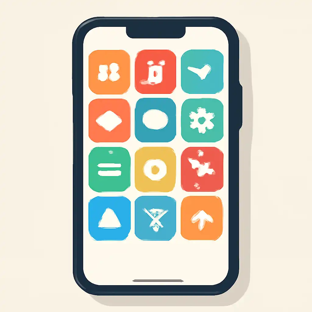 Smartphone shown from the front displaying a colourful flat layout of abstract game icons and rounded tiles (no text, no letters, no labels), Invitationcode