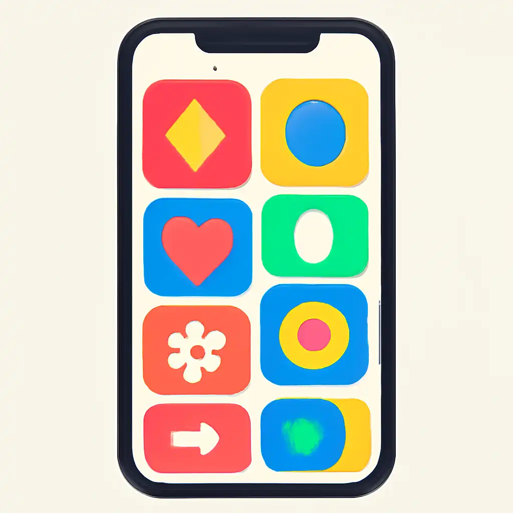Smartphone shown from the front displaying a colourful flat layout of abstract game icons and rounded tiles (no text, no letters, no labels), Reality