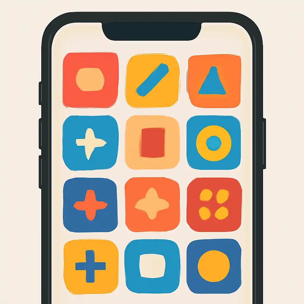Smartphone shown from the front displaying a colourful flat layout of abstract game icons and rounded tiles (no text, no letters, no labels), Game