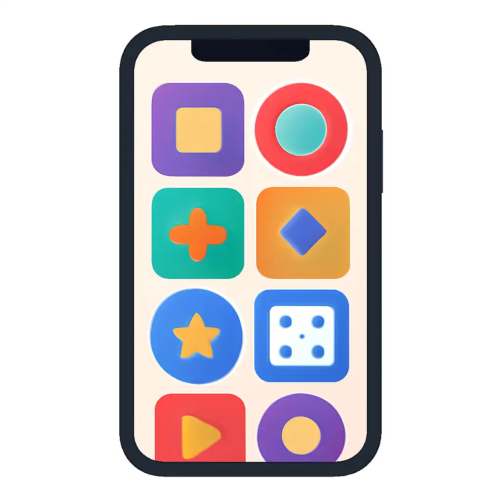 Smartphone shown from the front displaying a colourful flat layout of abstract game icons and rounded tiles (no text, no letters, no labels), Indian
