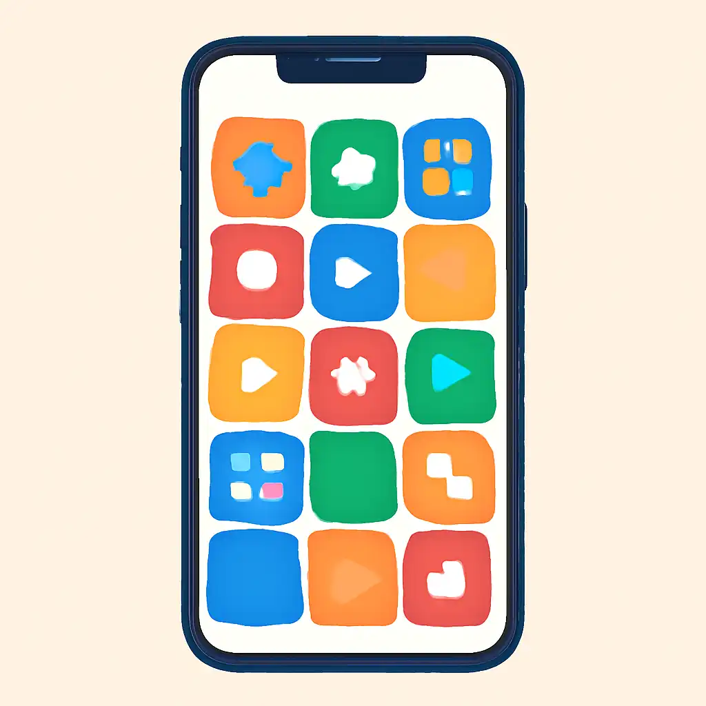 Smartphone shown from the front displaying a colourful flat layout of abstract game icons and rounded tiles (no text, no letters, no labels), Sikkim